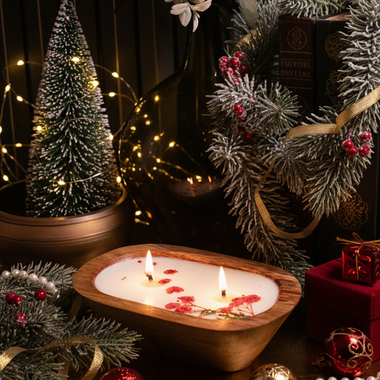 Wooden bowl candle with decorative elements on a festive background