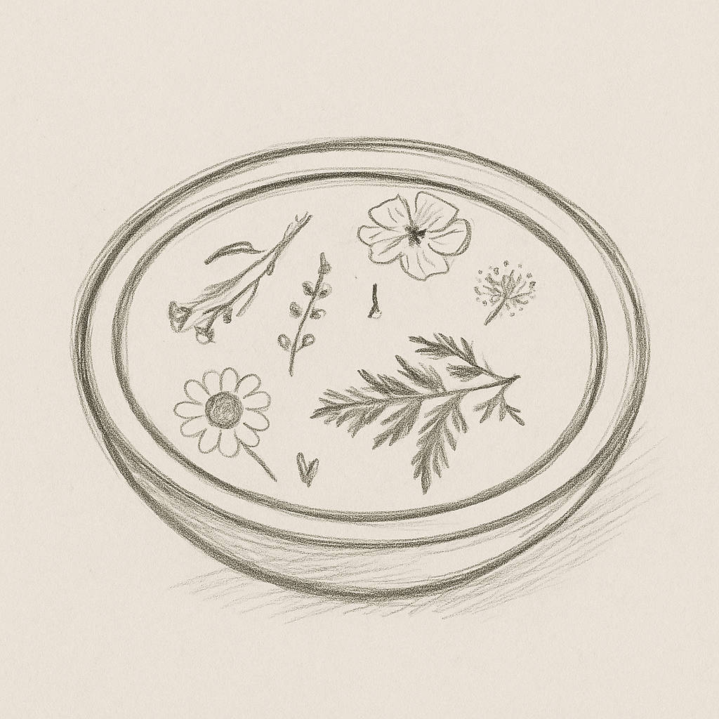 Illustration of a glass dish with herbs and flowers on a beige background
