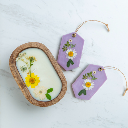 Decorative items with floral designs on a light background