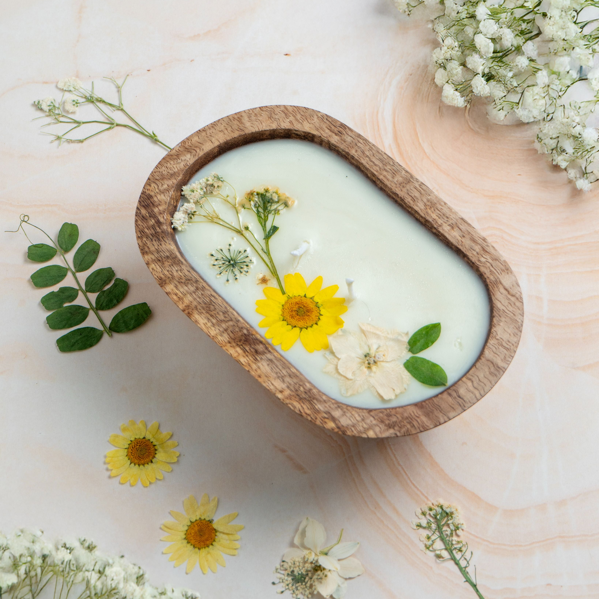 Bowl with a floral design on a light wooden surface