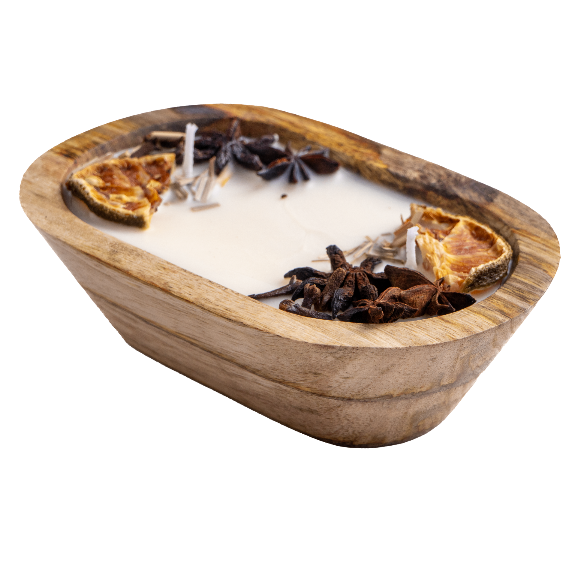 Wooden bowl with a candle and decorative elements on a white background