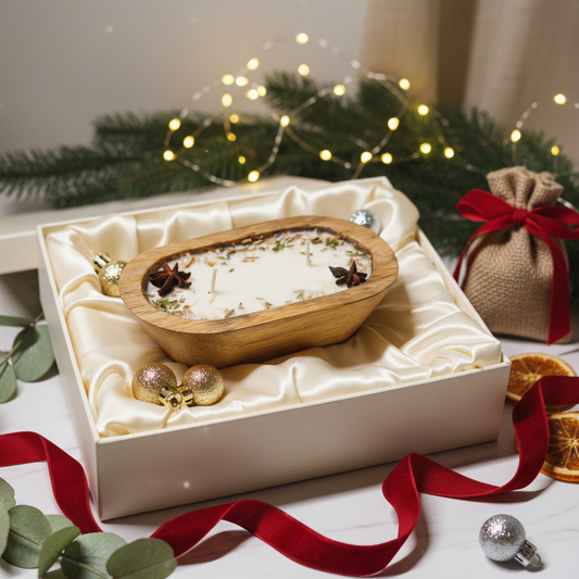 Wooden bowl with decorative items in a gift box, surrounded by Christmas decorations.
