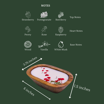 Measurement chart for a wooden bowl with floral elements on a green background, featuring notes of strawberry, pomegranate, red berry, peony, rose, raspberry, wood, vanilla, and white musk.