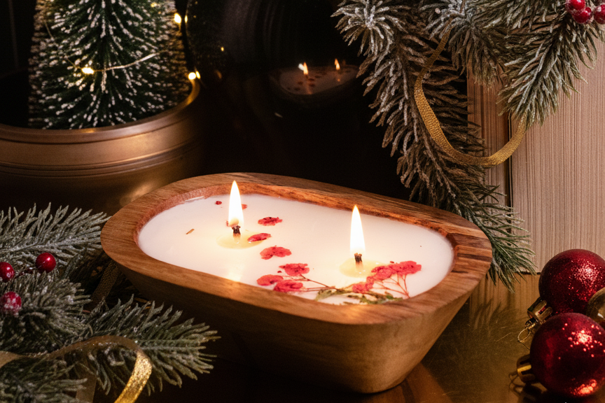 Wooden bowl with two lit candles surrounded by Christmas decorations including a small tree and holly.