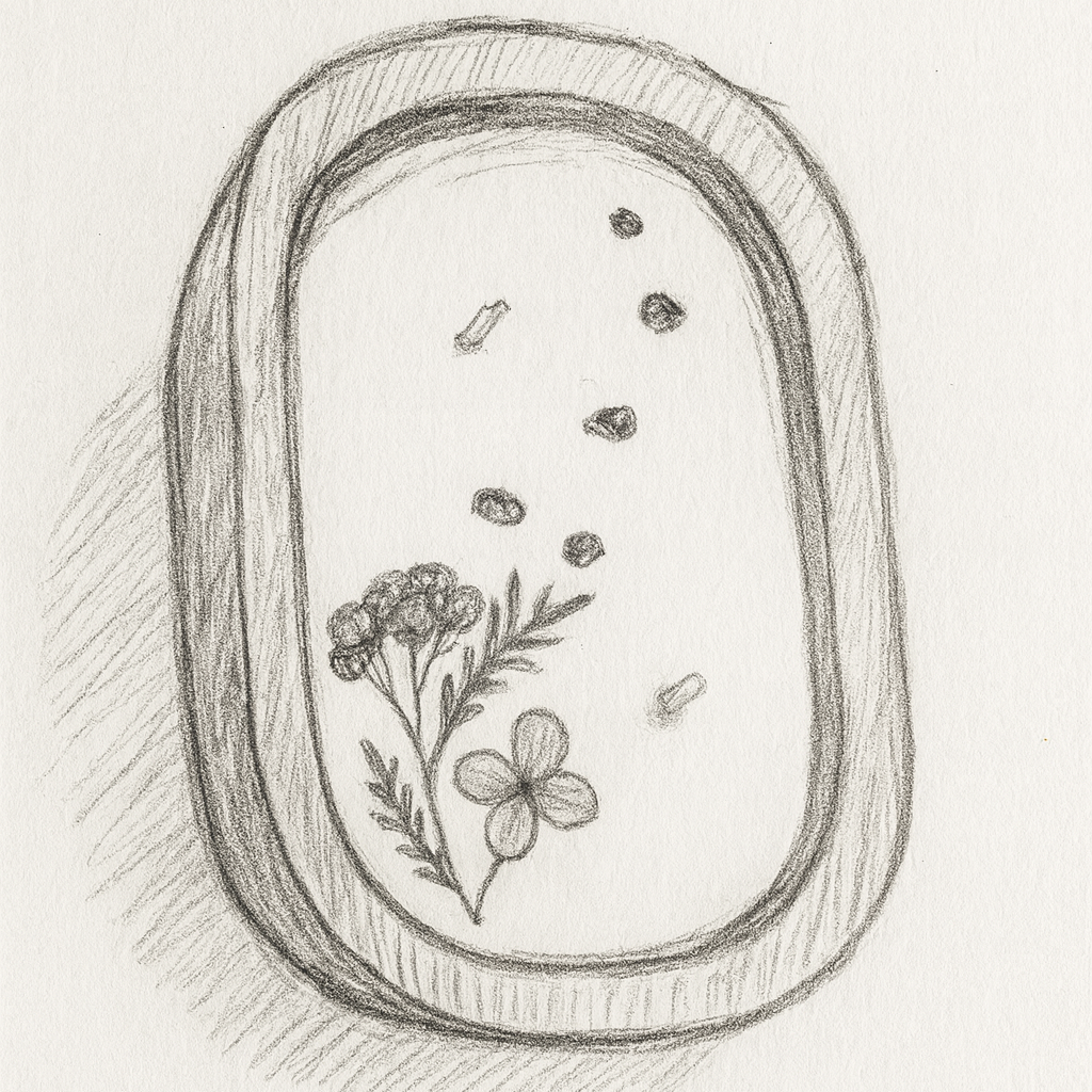 Doodle of a decorative stone with flowers and small stones on a white background