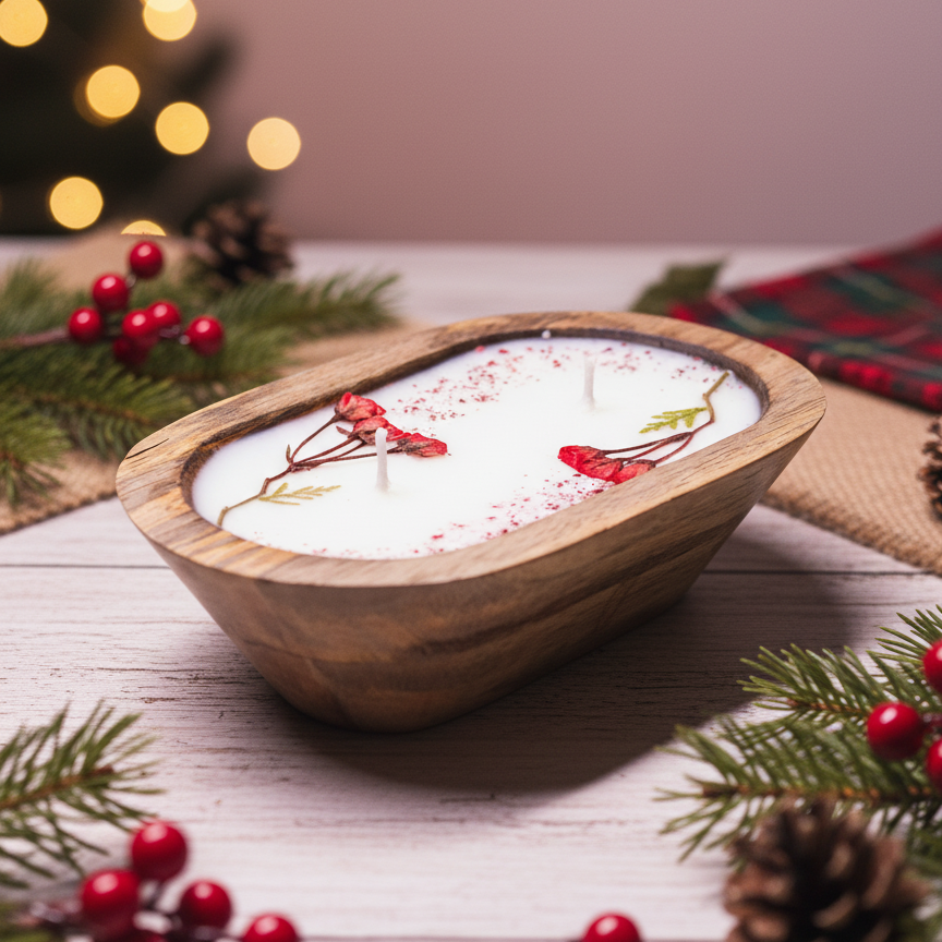 Wooden bowl with a candle decorated with red berries on a festive background.
