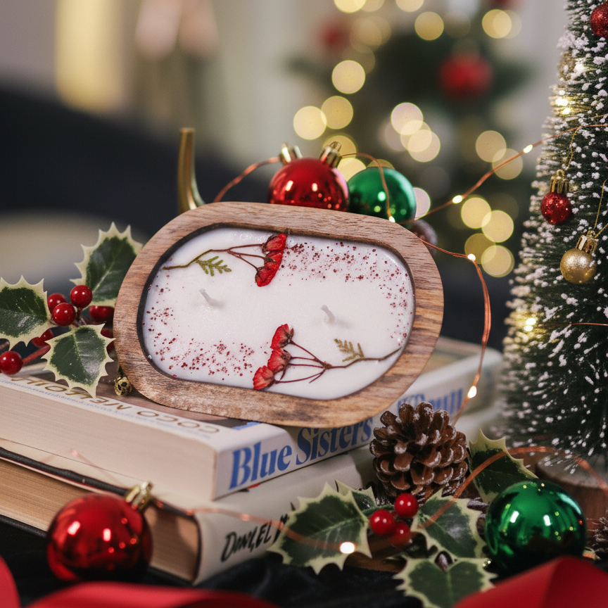 Decorative snowman ornament with red berries on a book, surrounded by Christmas decorations.