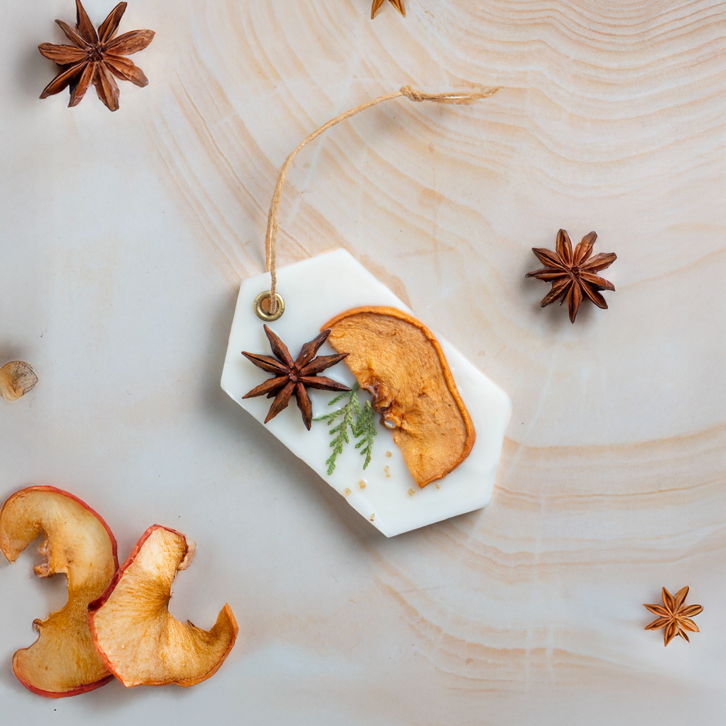 Decorative tag with dried apples and star anise on a light wooden surface