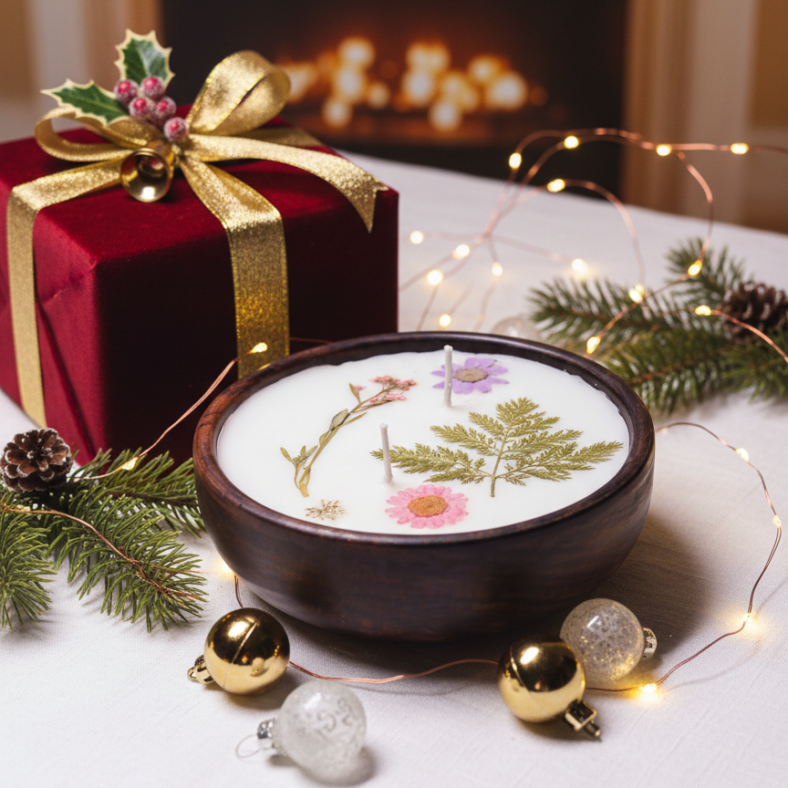 Decorative candle with floral design in a wooden bowl, surrounded by Christmas decorations and a gift box.