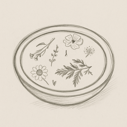 Illustration of a glass dish with herbs and flowers on a beige background