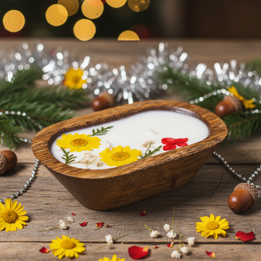 Wooden bowl with white liquid and floral decorations on a wooden surface with festive lights in the background