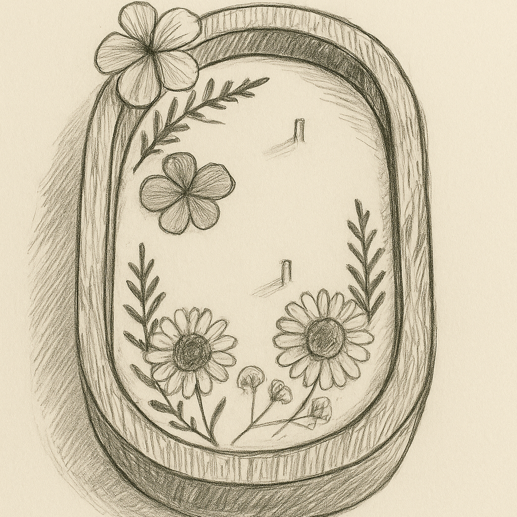Illustration of a small oval frame with flowers on a beige background