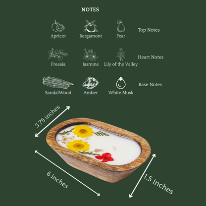 Diagram of a wooden soap dish with floral elements and dimensions on a green background with notes about fragrance notes.