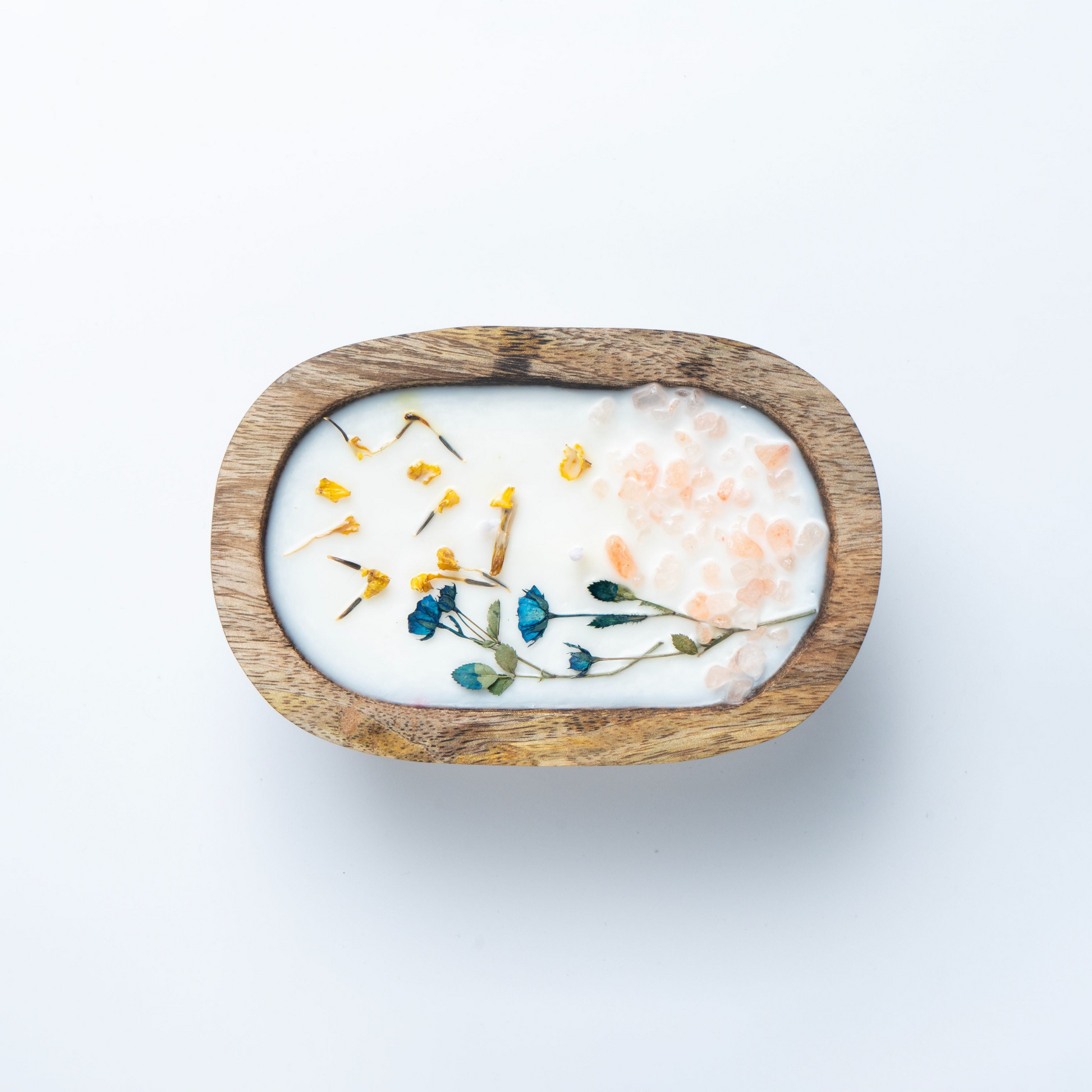 Wooden soap dish with decorative flowers on a white background