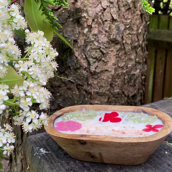 Wooden Bowl Candle with Peony Decoration on top